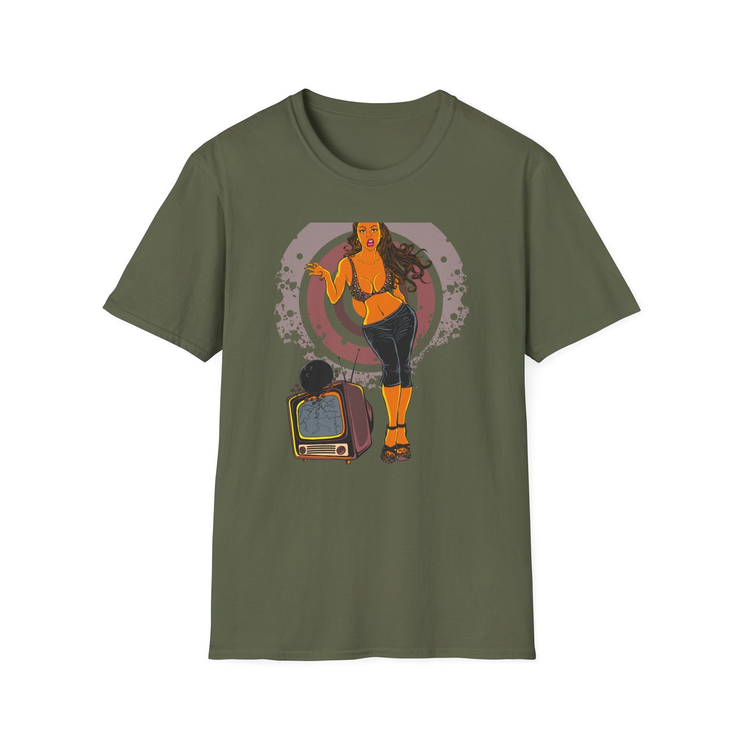 Edgy Retro Pin-Up Girl & Cracked TV Bowling T-Shirt | Bold Pop Art Vibe Women's Tee | Unique Vintage Statement Gift