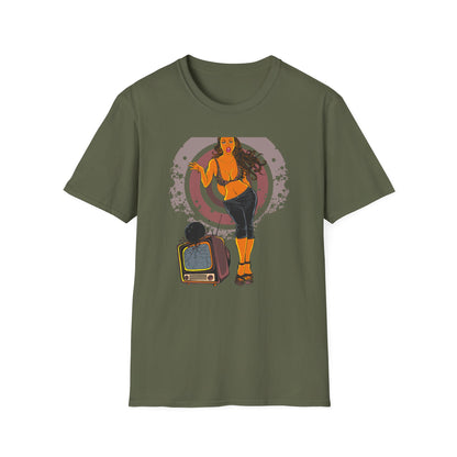 Edgy Retro Pin-Up Girl & Cracked TV Bowling T-Shirt | Bold Pop Art Vibe Women's Tee | Unique Vintage Statement Gift