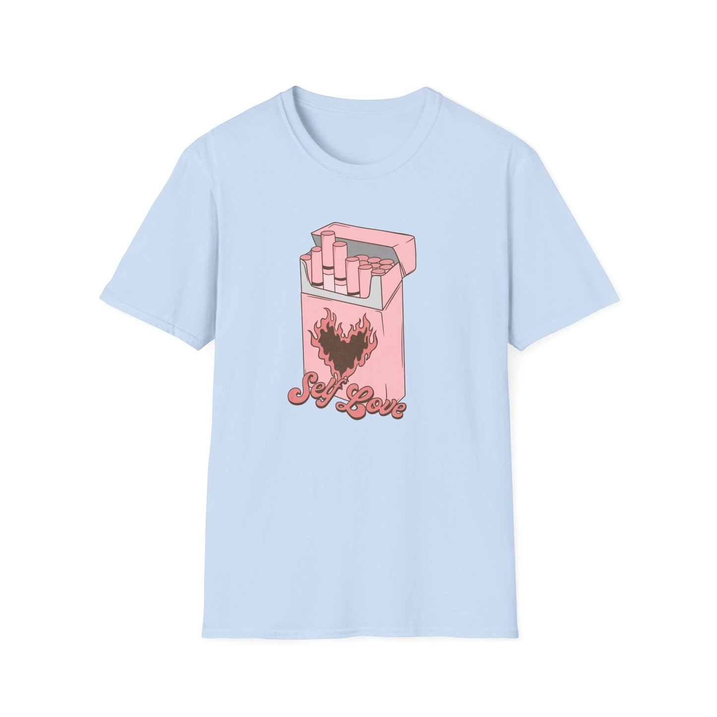 Unique Self Love T-Shirt | Pink Retro Cigarette Pack & Flaming Heart Design | Empowering Aesthetic Tee
