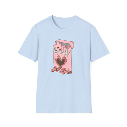 Unique Self Love T-Shirt | Pink Retro Cigarette Pack & Flaming Heart Design | Empowering Aesthetic Tee