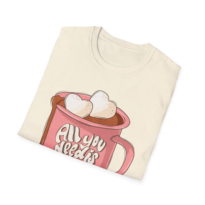 Sweet "All You Need Is Love" T-Shirt | Retro Hot Chocolate Mug with Heart Marshmallows | Adorable Valentine's Day & Cozy Love Tee
