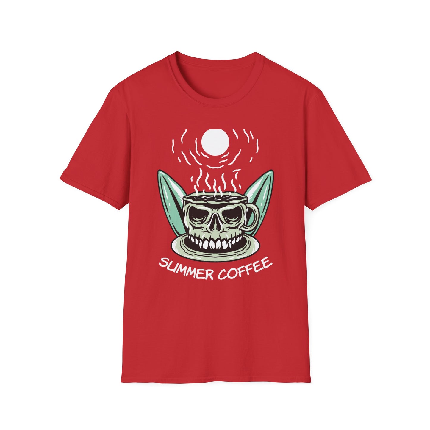 Skull Coffee Surfboard T-Shirt | Edgy Summer Beach Vibes Tee | Unique Design for Coffee Lovers & Surfers