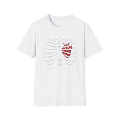 Striking "Live In Death" Skeleton Rib Cage & Red Heart T-Shirt | Unique Anatomical Goth Tee | Deep Meaning Statement Apparel