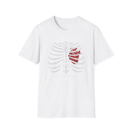 Striking "Live In Death" Skeleton Rib Cage & Red Heart T-Shirt | Unique Anatomical Goth Tee | Deep Meaning Statement Apparel