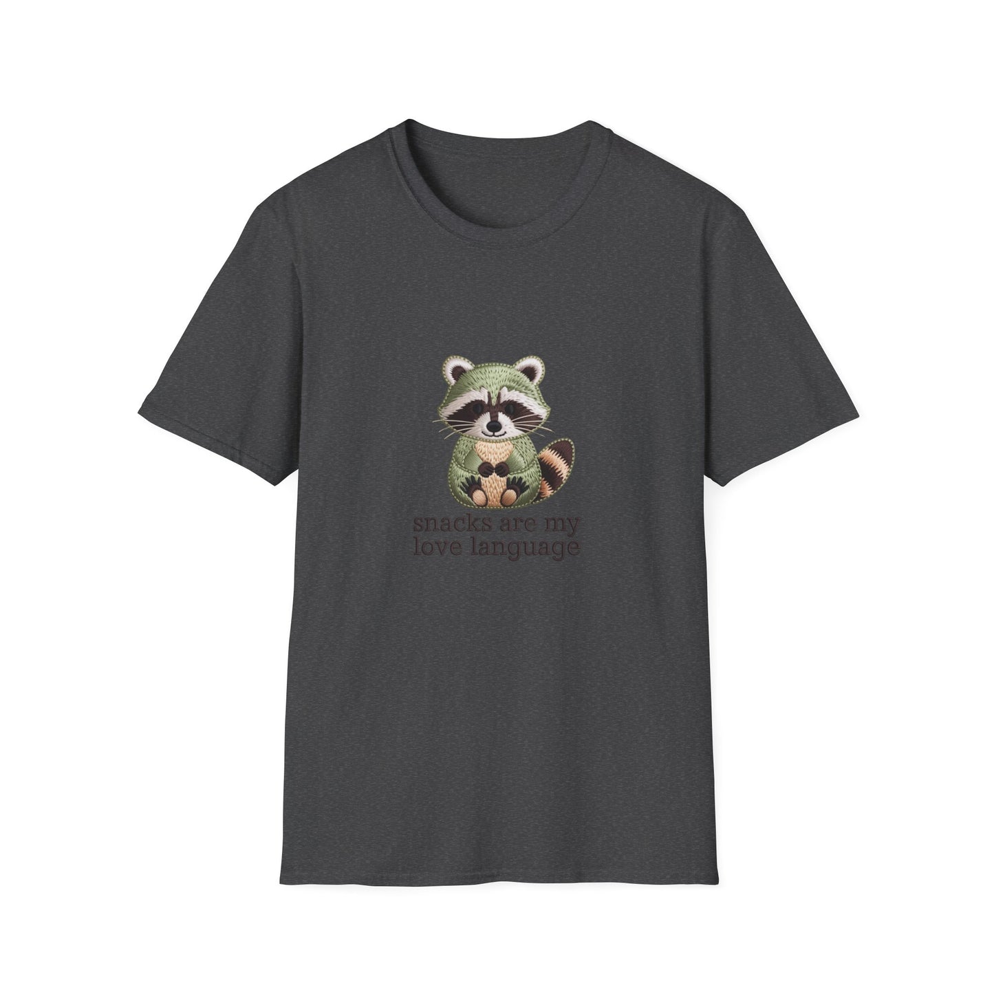 Adorable Embroidered Raccoon T-Shirt - "Snacks Are My Love Language" Foodie Tee | Unique Gift for Snack Lovers!