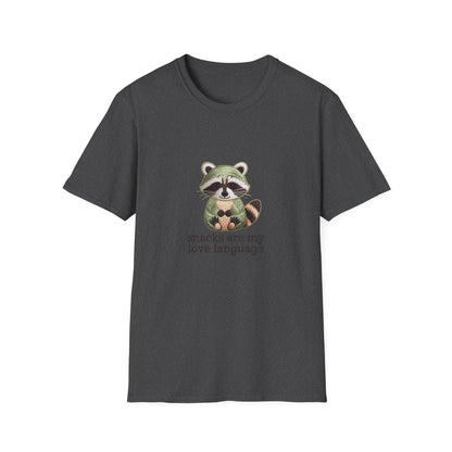 Adorable Embroidered Raccoon T-Shirt - "Snacks Are My Love Language" Foodie Tee | Unique Gift for Snack Lovers!