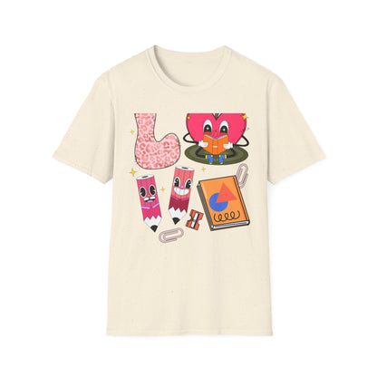 Groovy Leopard 'L' Back to School T-Shirt | Whimsical Reading Apple & Pencil Pals Tee | Fun Teacher Student Gift Idea