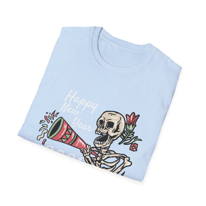 Vibrant Party Skeleton T-Shirt - Fun Quirky Floral Horn Blasting Graphic Tee