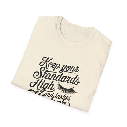 Stunning 'Standards High, Lashes Long' T-Shirt | Empowering Women's Beauty & Confidence Tee | Glam Gift