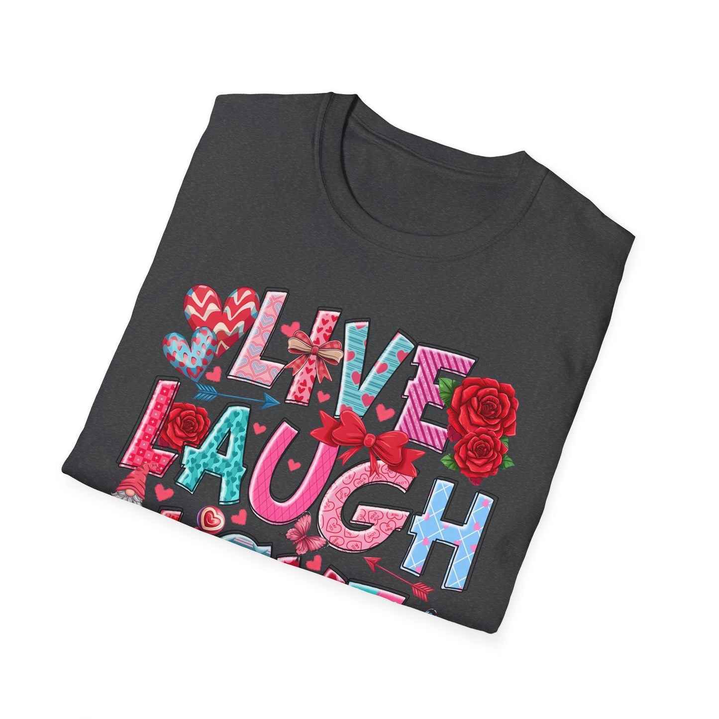 Charming Live Laugh Love T-Shirt for Women | Adorable Valentine's Day Hearts & Gnome Graphic Tee | Positive Message Gift