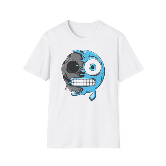 Epic Melting Skull & Blue Cartoon Split Face T-Shirt | Unique Edgy Graphic Tee for Streetwear & Art Lovers