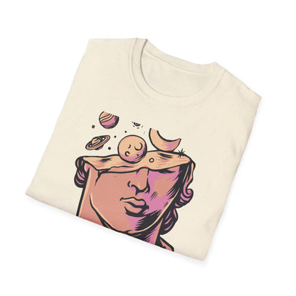Explore Your Mind's Universe: Celestial Greek Bust T-Shirt | Artistic Cosmic Thoughts Graphic Tee | Unique Planet & Moon Design for Thinkers