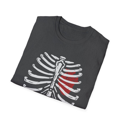 Striking "Live In Death" Skeleton Rib Cage & Red Heart T-Shirt | Unique Anatomical Goth Tee | Deep Meaning Statement Apparel