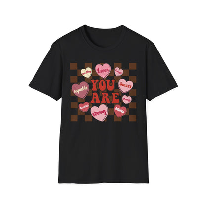 Empowering 'You Are' Positive Affirmation T-Shirt - Retro Candy Heart Self-Love Tee for Women & Teens - Ultimate Confidence Booster Gift