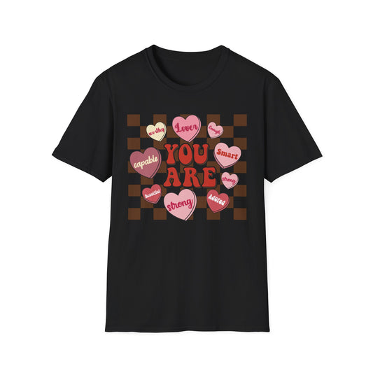 Empowering 'You Are' Positive Affirmation T-Shirt - Retro Candy Heart Self-Love Tee for Women & Teens - Ultimate Confidence Booster Gift