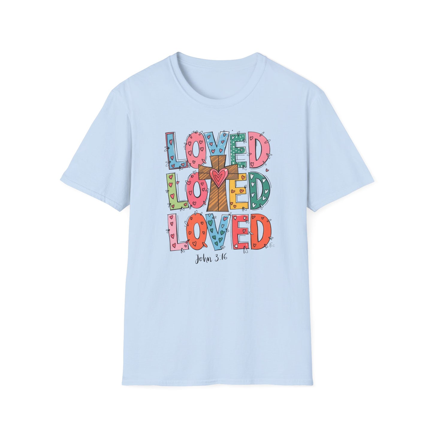 Vibrant Loved John 3:16 T-Shirt | Christian Faith Cross Hearts Tee | Uplifting Scripture Apparel for Women & Believers