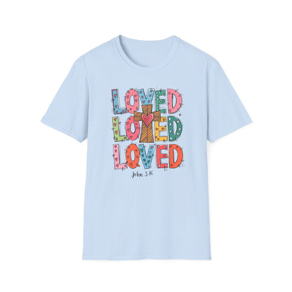 Vibrant Loved John 3:16 T-Shirt | Christian Faith Cross Hearts Tee | Uplifting Scripture Apparel for Women & Believers