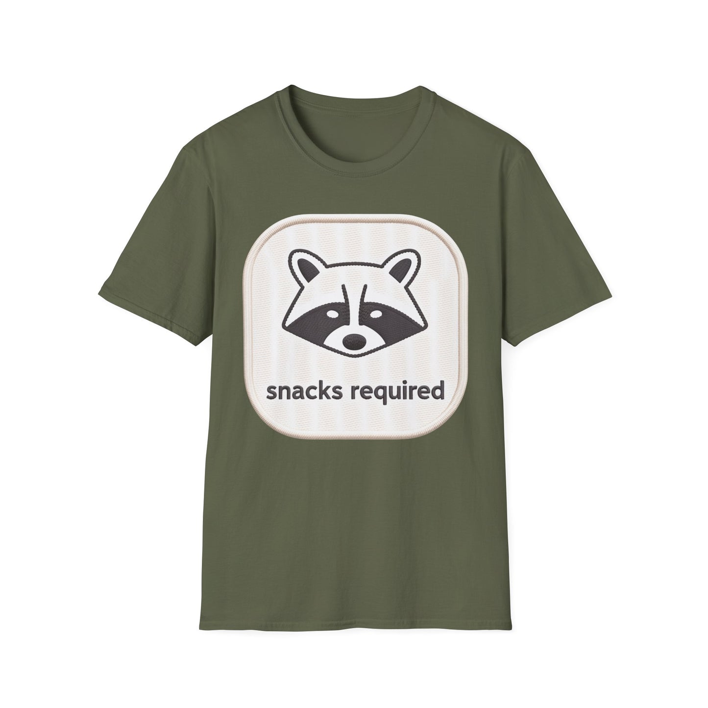 Hilarious "Snacks Required" Raccoon T-Shirt | Cute Embroidered Look Animal Lover Tee for Foodies & Casual Wear