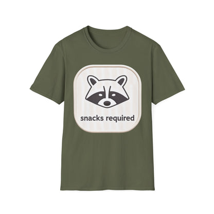 Hilarious "Snacks Required" Raccoon T-Shirt | Cute Embroidered Look Animal Lover Tee for Foodies & Casual Wear