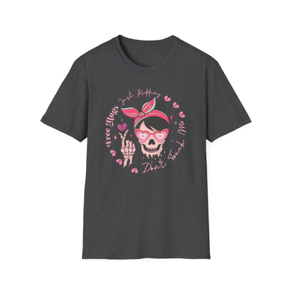 Sassy Skull 'Free Hugs Just Kidding' T-Shirt | Edgy Pink Heart Sunglasses & Broken Hearts Tee | Funny Personal Space Gift for Her