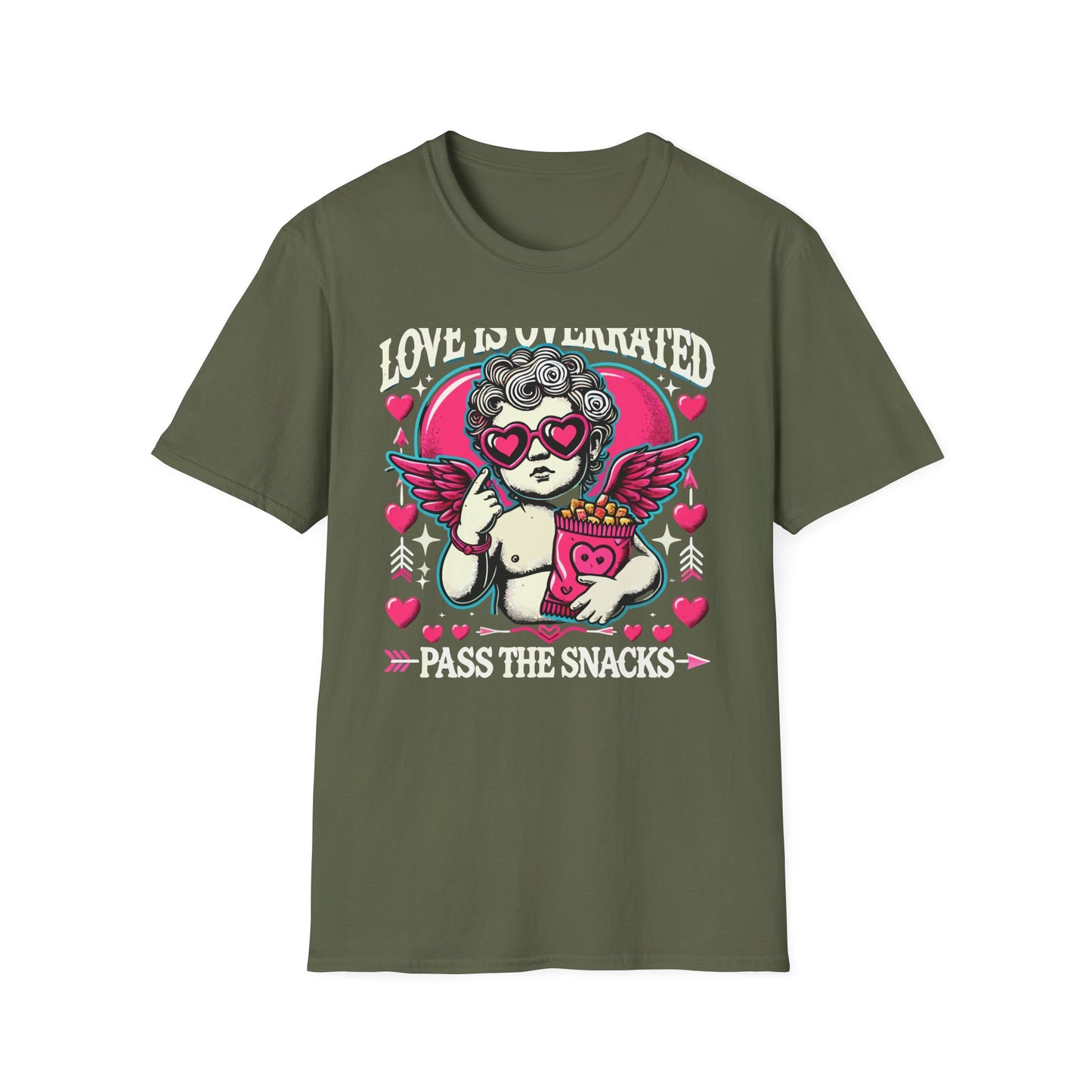 Hilarious 'Love Is Overrated Pass The Snacks' T-Shirt - Anti-Valentine's Day Cupid & Fries Tee. Perfect for Singles & Snack Lovers!