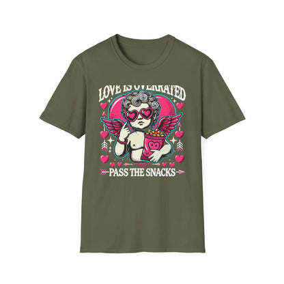 Hilarious 'Love Is Overrated Pass The Snacks' T-Shirt - Anti-Valentine's Day Cupid & Fries Tee. Perfect for Singles & Snack Lovers!