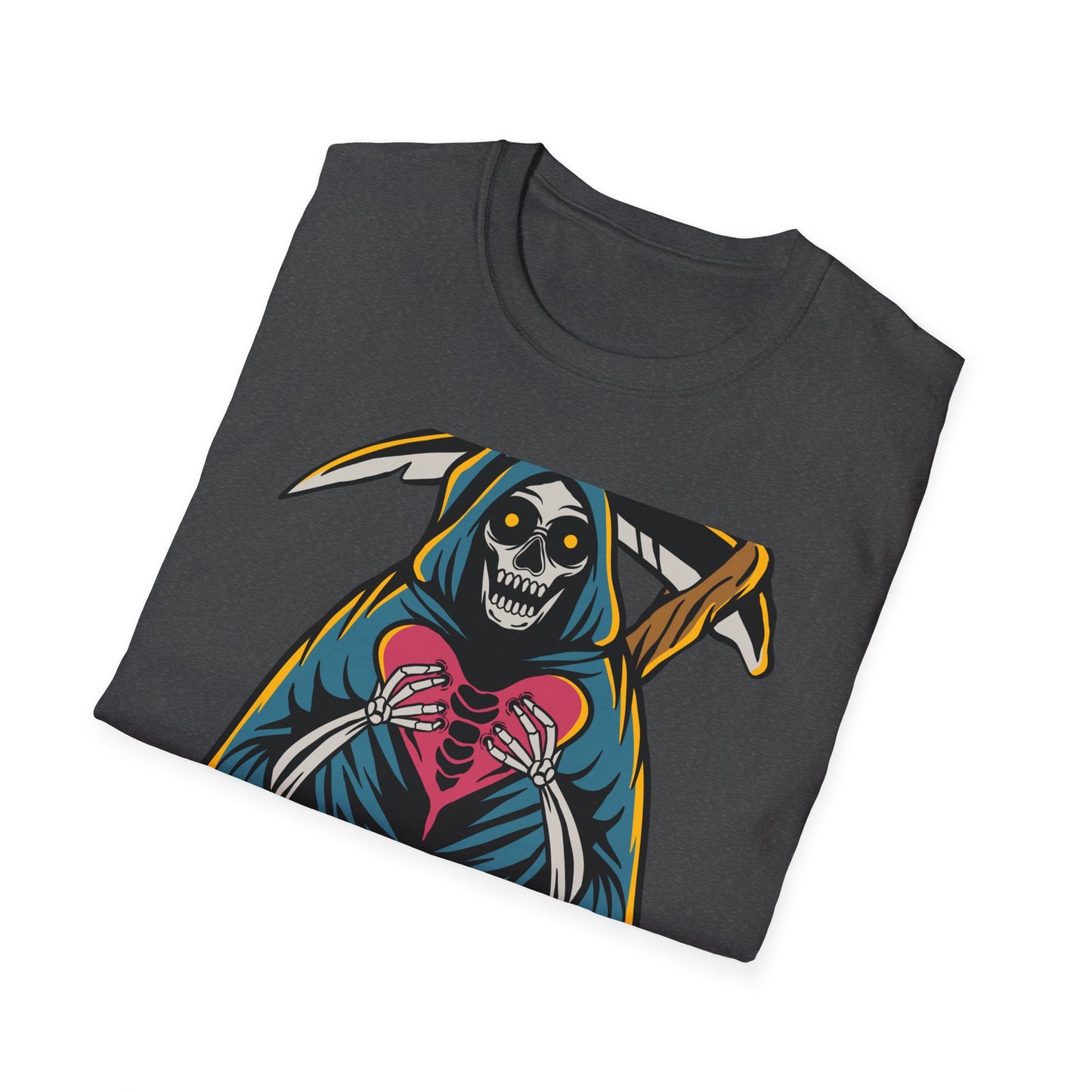 Bold Grim Reaper Heart T-Shirt | Unique Gothic Skeleton Love Tee | Edgy Macabre Statement Apparel