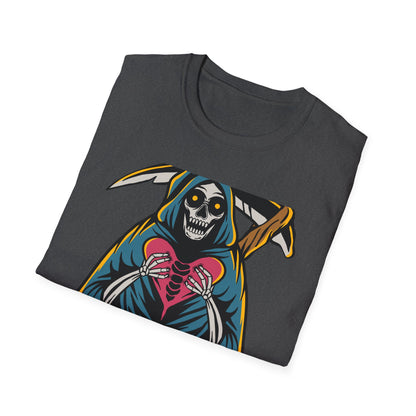 Bold Grim Reaper Heart T-Shirt | Unique Gothic Skeleton Love Tee | Edgy Macabre Statement Apparel