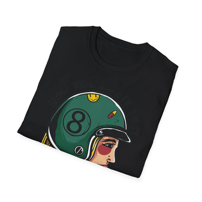 Vibrant Biker Girl Helmet T-Shirt | "Slow Ride Safety First" Retro Motorcycle Rider Tee for Women