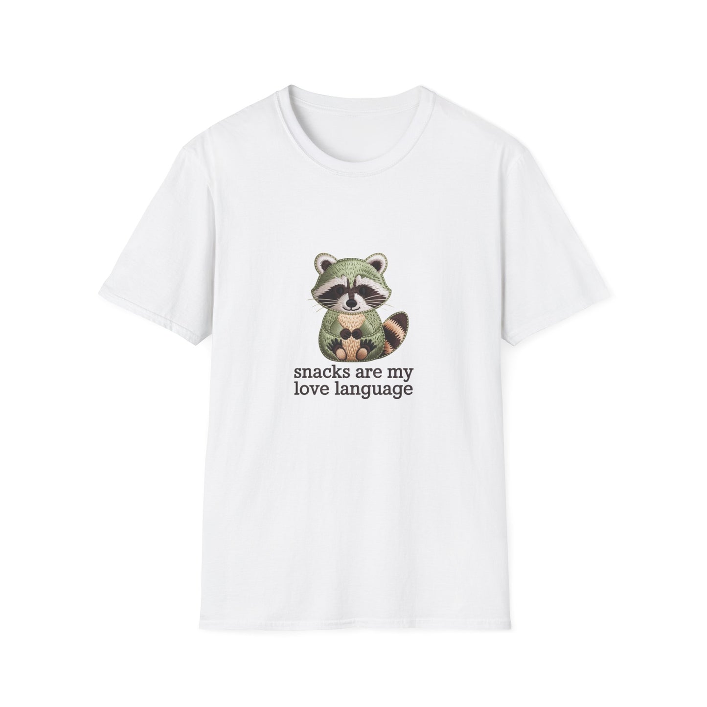 Adorable Embroidered Raccoon T-Shirt - "Snacks Are My Love Language" Foodie Tee | Unique Gift for Snack Lovers!