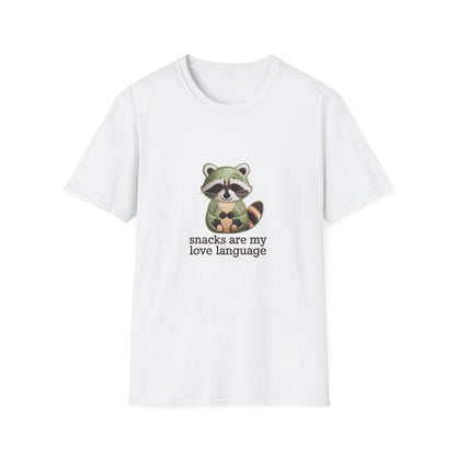 Adorable Embroidered Raccoon T-Shirt - "Snacks Are My Love Language" Foodie Tee | Unique Gift for Snack Lovers!