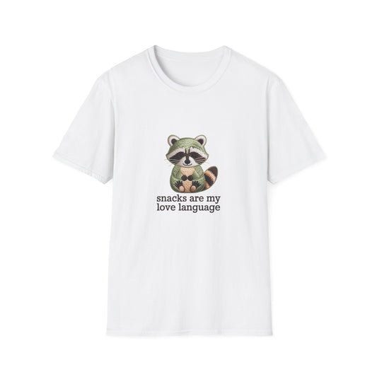 Adorable Embroidered Raccoon T-Shirt - "Snacks Are My Love Language" Foodie Tee | Unique Gift for Snack Lovers!