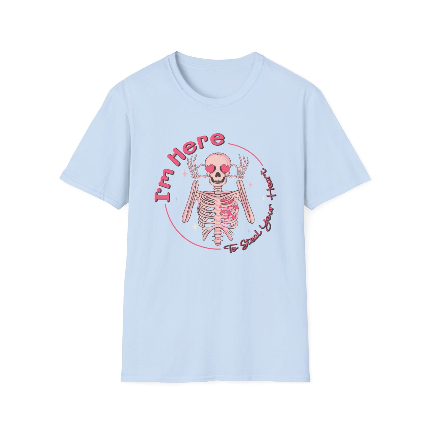 Charming Skeleton Love T-Shirt: "I'm Here To Steal Your Heart" Valentine's Day Graphic Tee – Unique Romantic Gift