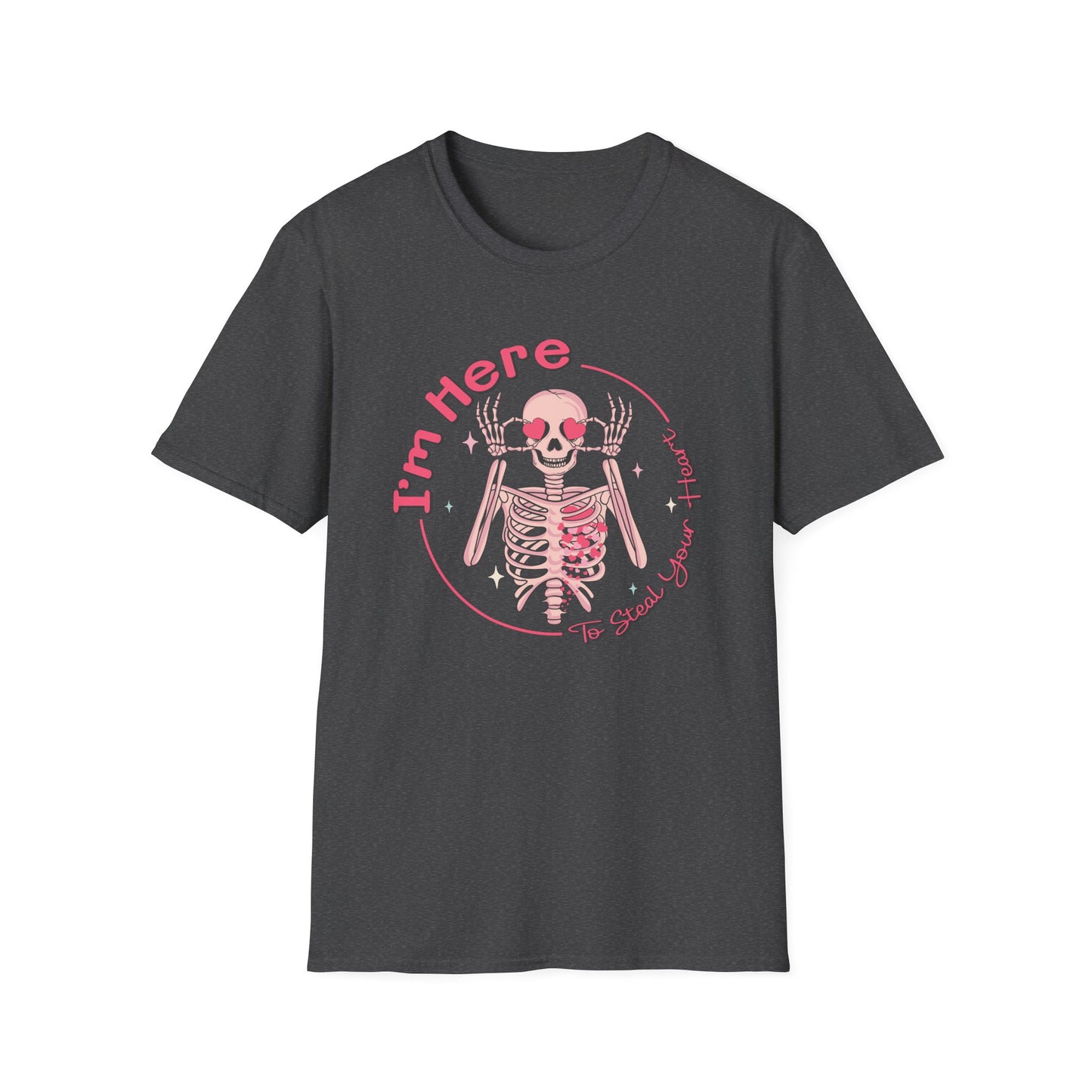 Charming Skeleton Love T-Shirt: "I'm Here To Steal Your Heart" Valentine's Day Graphic Tee – Unique Romantic Gift