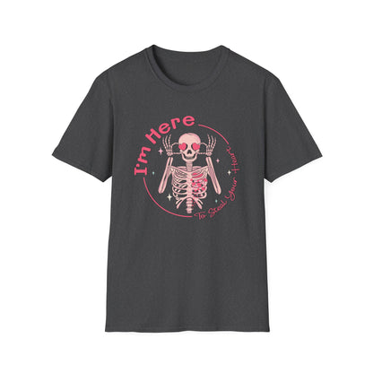 Charming Skeleton Love T-Shirt: "I'm Here To Steal Your Heart" Valentine's Day Graphic Tee – Unique Romantic Gift