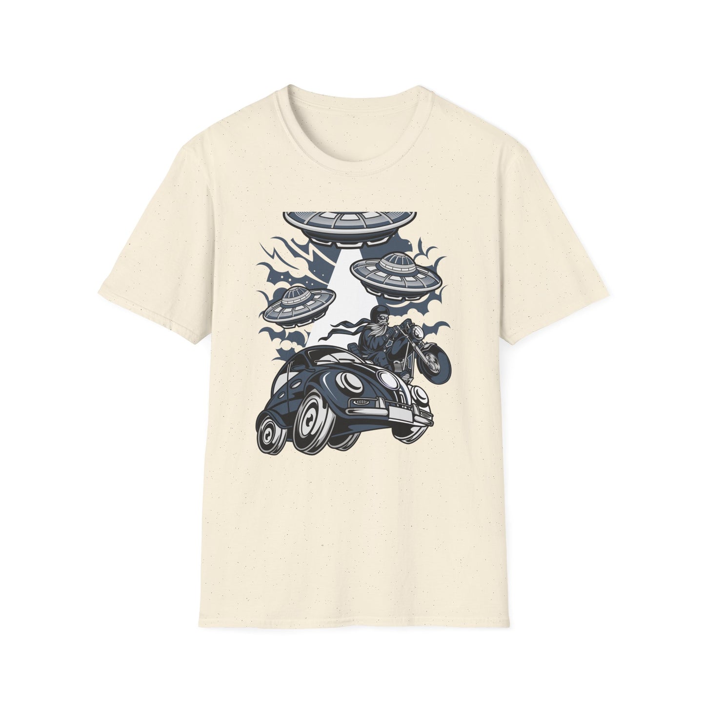 Epic Alien Invasion Biker VW Beetle T-Shirt | Unique Sci-Fi Chopper Car Lover Gift Tee