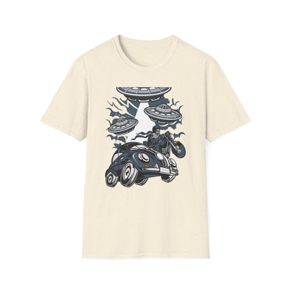 Epic Alien Invasion Biker VW Beetle T-Shirt | Unique Sci-Fi Chopper Car Lover Gift Tee