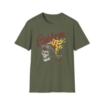 Custom Build & Repair T-Shirt | Vintage Biker Skull Flames Tee | Iconic Mechanic & Hot Rod Enthusiast Apparel