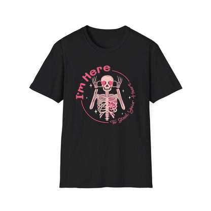 Charming Skeleton Love T-Shirt: "I'm Here To Steal Your Heart" Valentine's Day Graphic Tee – Unique Romantic Gift
