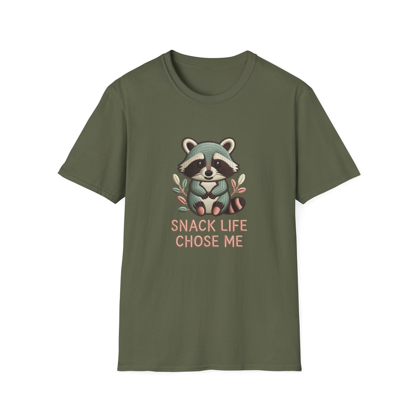 Adorable "Snack Life Chose Me" Raccoon T-Shirt | Funny Embroidered Style Animal Lover Tee | Cozy Unisex Foodie Gift