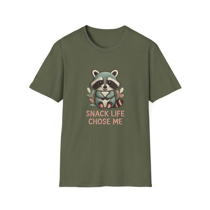 Adorable "Snack Life Chose Me" Raccoon T-Shirt | Funny Embroidered Style Animal Lover Tee | Cozy Unisex Foodie Gift