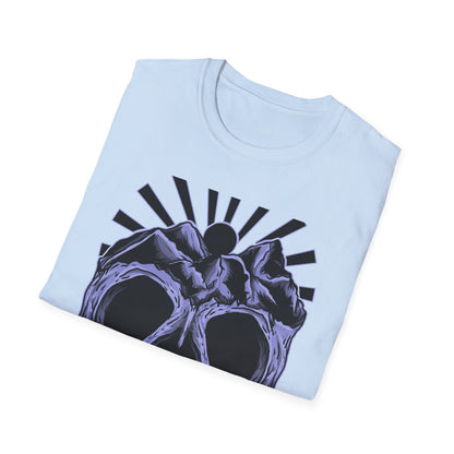 Bold Mountain Skull T-Shirt | Mystic Sun Rays & Nature Art | Unique Grunge Alternative Tee | Edgy Outdoor Apparel for Men & Women