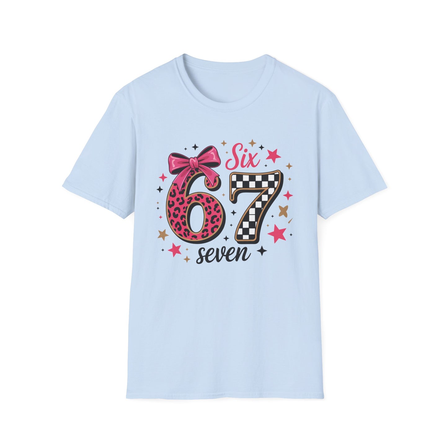 Glam Six & Seven Birthday T-Shirt for Girls | Trendy Pink Leopard Print 6 & 7 Kids Party Tee with Checkerboard & Sparkly Bow