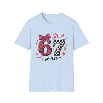 Glam Six & Seven Birthday T-Shirt for Girls | Trendy Pink Leopard Print 6 & 7 Kids Party Tee with Checkerboard & Sparkly Bow