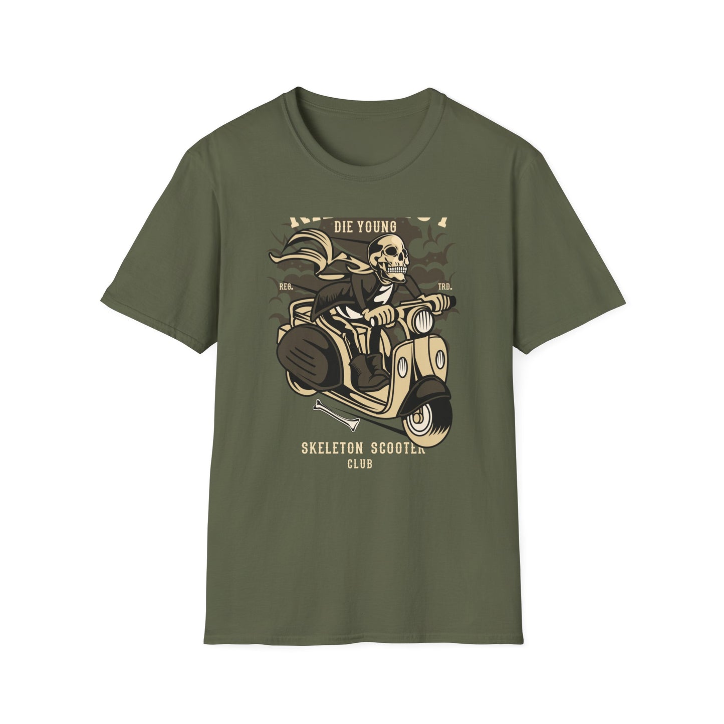 Ride Fast Die Young Skeleton Scooter Club T-Shirt - Vintage Edgy Graphic Tee for Daring Souls | Epic Biker Style