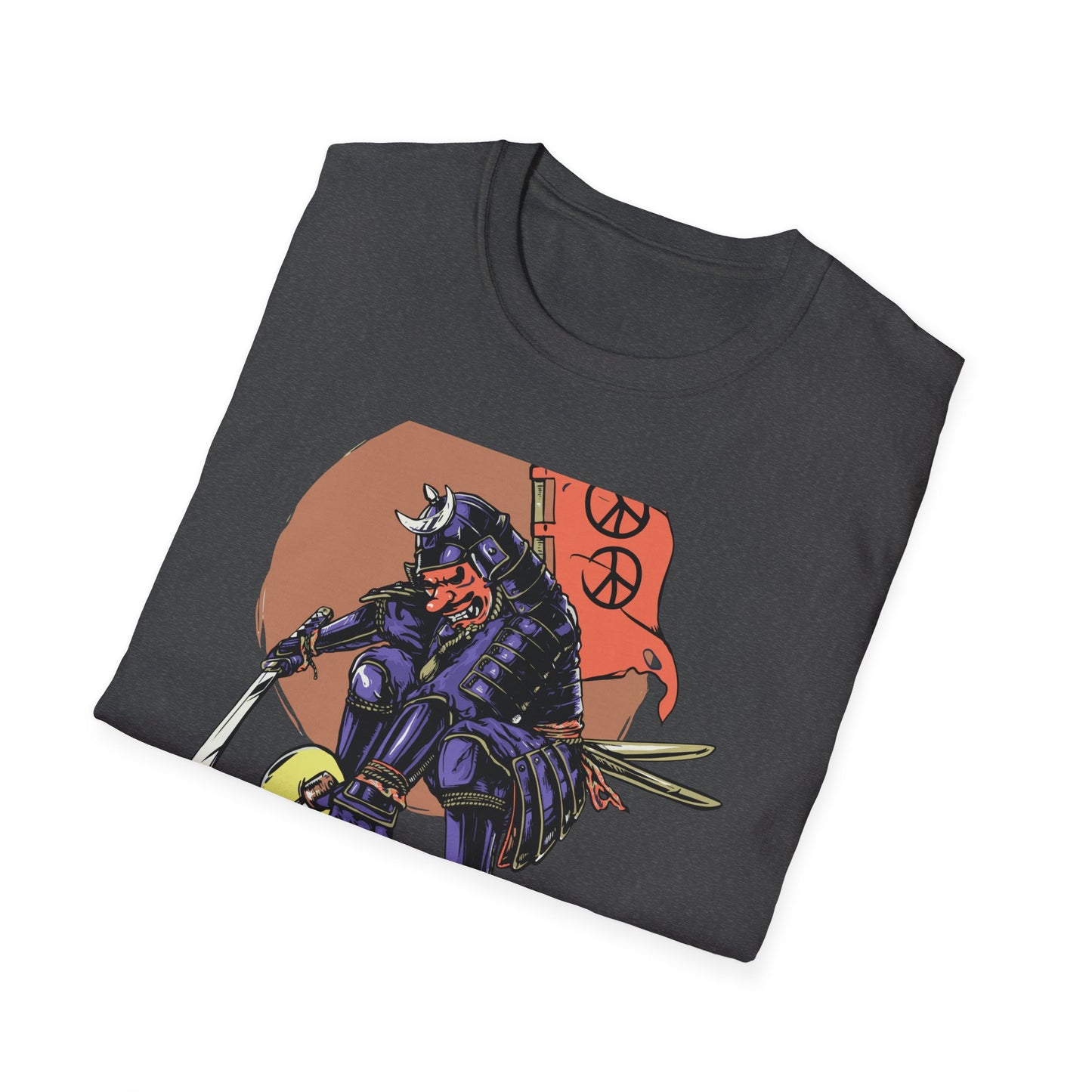 Bold Samurai Skater T-Shirt | Epic Japanese Warrior on Skateboard with Peace Sign Graphic Tee