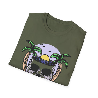 Vibrant Tropical Skull T-Shirt | Beach Sunset & Palm Tree Design | Unique Summer Vacation Tee | Cool Edgy Casual Wear