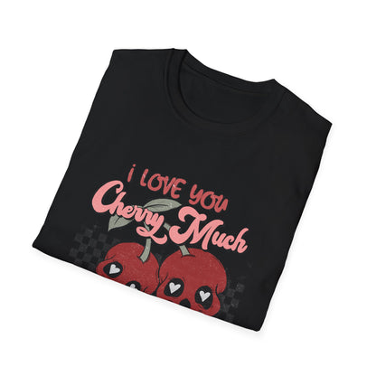I Love You Cherry Much T-Shirt | Sweet Skull Cherries & Retro Checkerboard Tee | Unique Valentine's Love Pun Top for Couples
