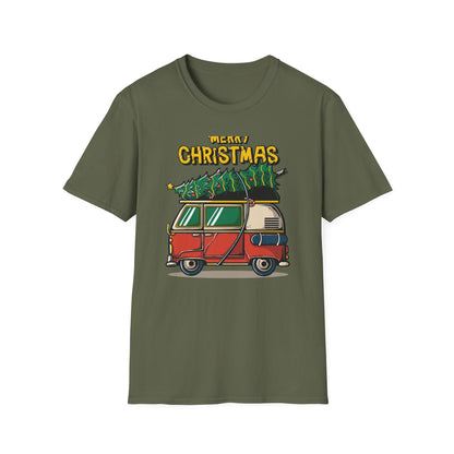 Retro Christmas Van T-Shirt | Awesome Holiday Tree & Skateboard VW Bus Tee | Unique Vintage Xmas Apparel Gift