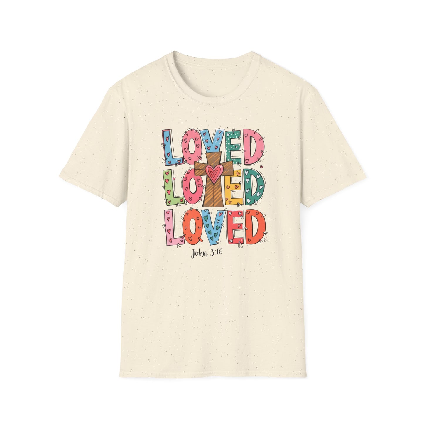 Vibrant Loved John 3:16 T-Shirt | Christian Faith Cross Hearts Tee | Uplifting Scripture Apparel for Women & Believers
